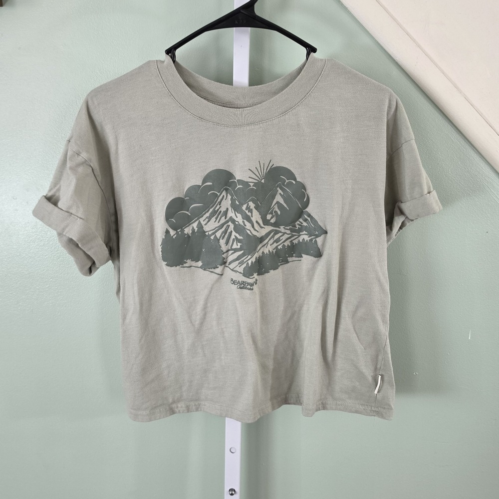 Bearpaw Womens‎ Cropped Boxy Rolled Cuff Graphic Tee Sage Green Size XL